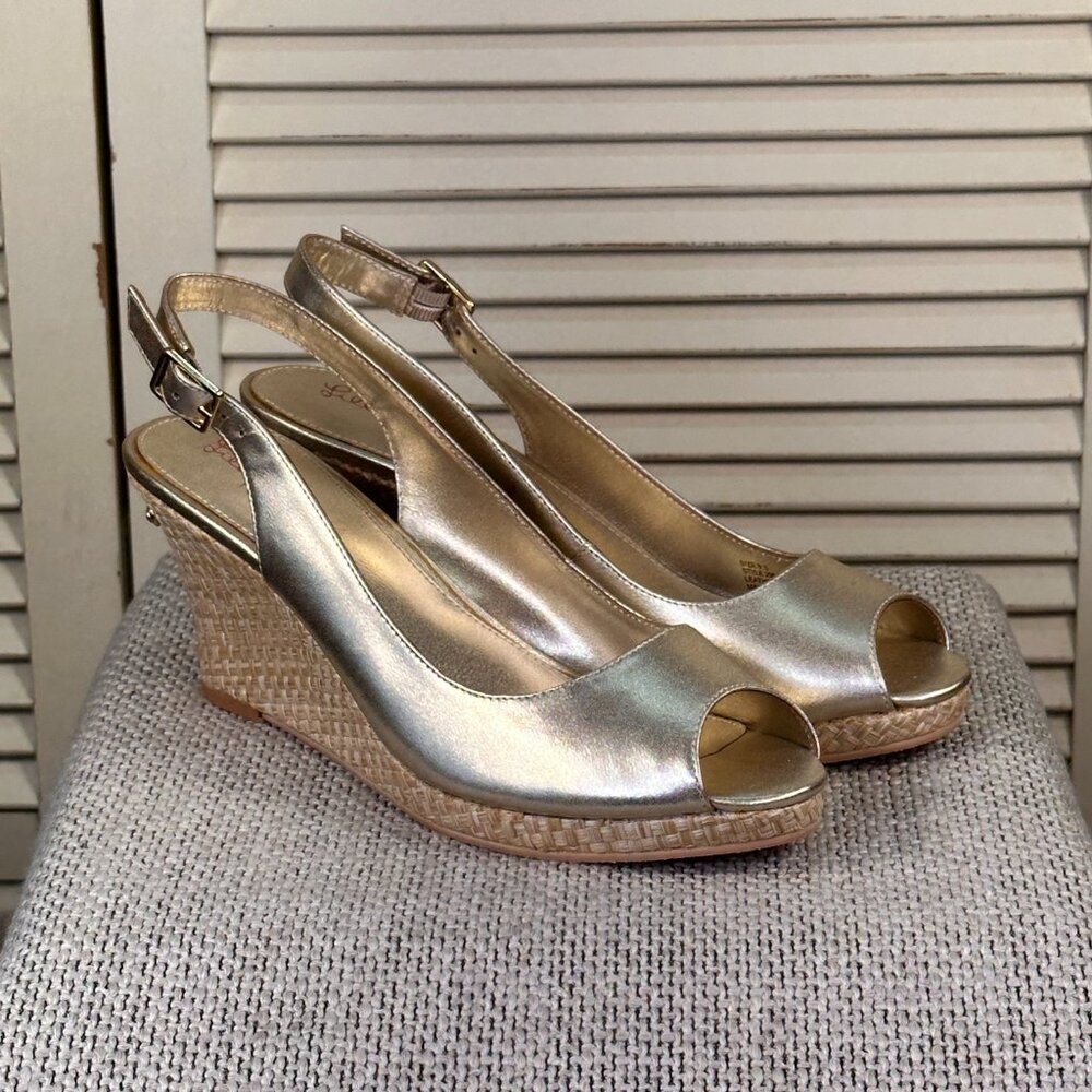 Lilly Pulitzer Gigi Gold Slingback Wedges Peep Toe Sandals MSRP $198 - Size 9.5